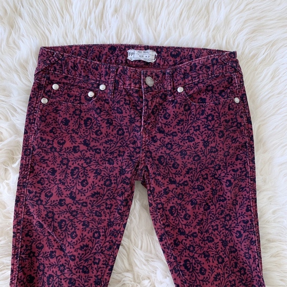 Free People Red Floral Print Skinny Corduroy Pants - Picture 5 of 8